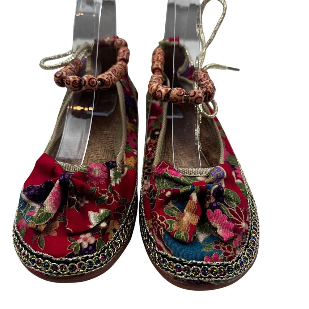 Boho India Floral Artsy Unique Bow Flats Wood Beads Ankle Tie Flats Women's 42/9